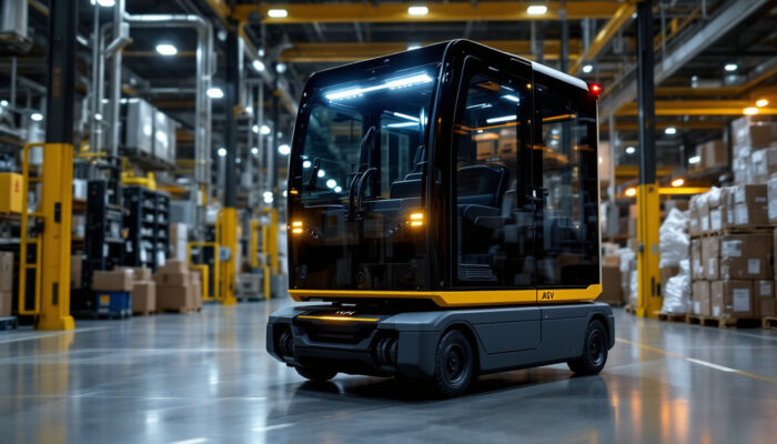 A photograph of a forked agv (automated guided vehicle) navigating through an industrial warehouse