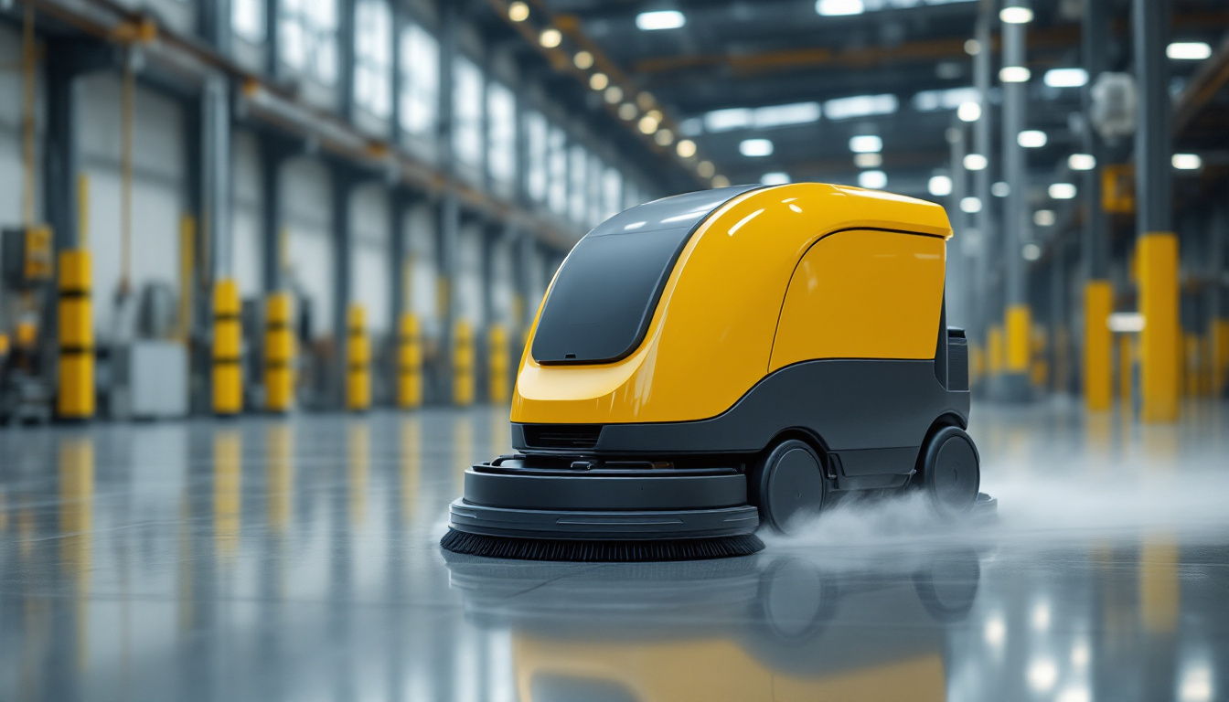 A photograph of a sleek floor scrubbing robot in action