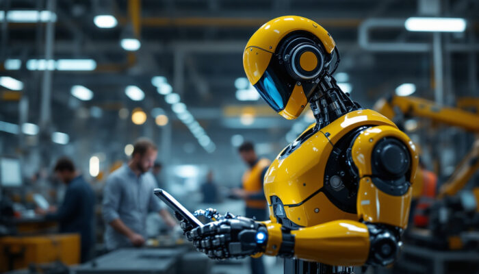 A photograph of capture a photograph of a sleek industrial robot in action