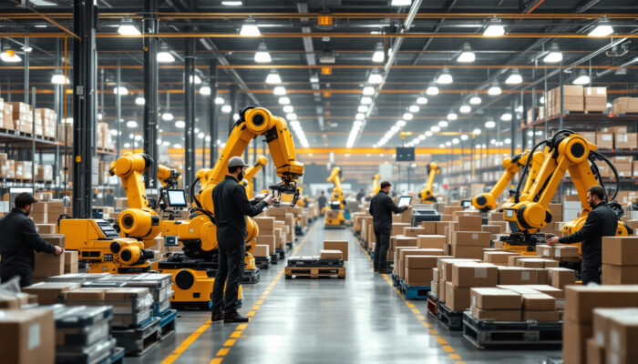 A photograph of a bustling amazon warehouse scene featuring various industrial robots in action