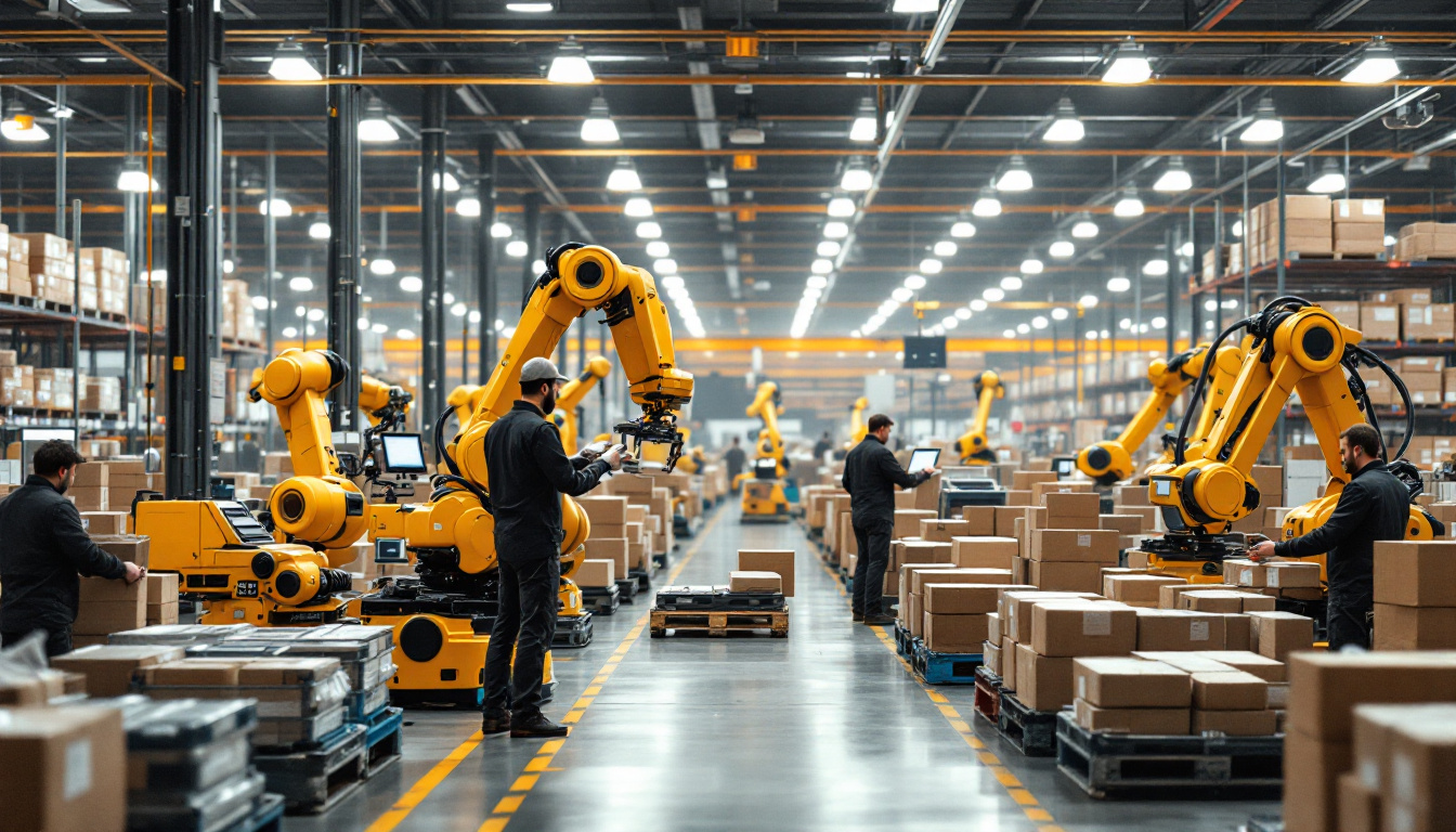 A photograph of a bustling amazon warehouse scene featuring various industrial robots in action