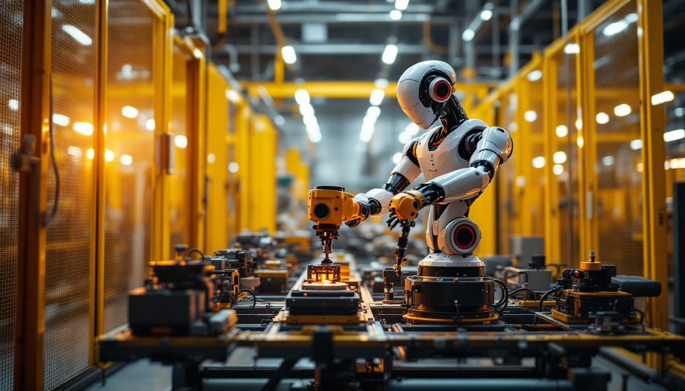 A photograph of a sleek industrial robot in action within a modern manufacturing facility