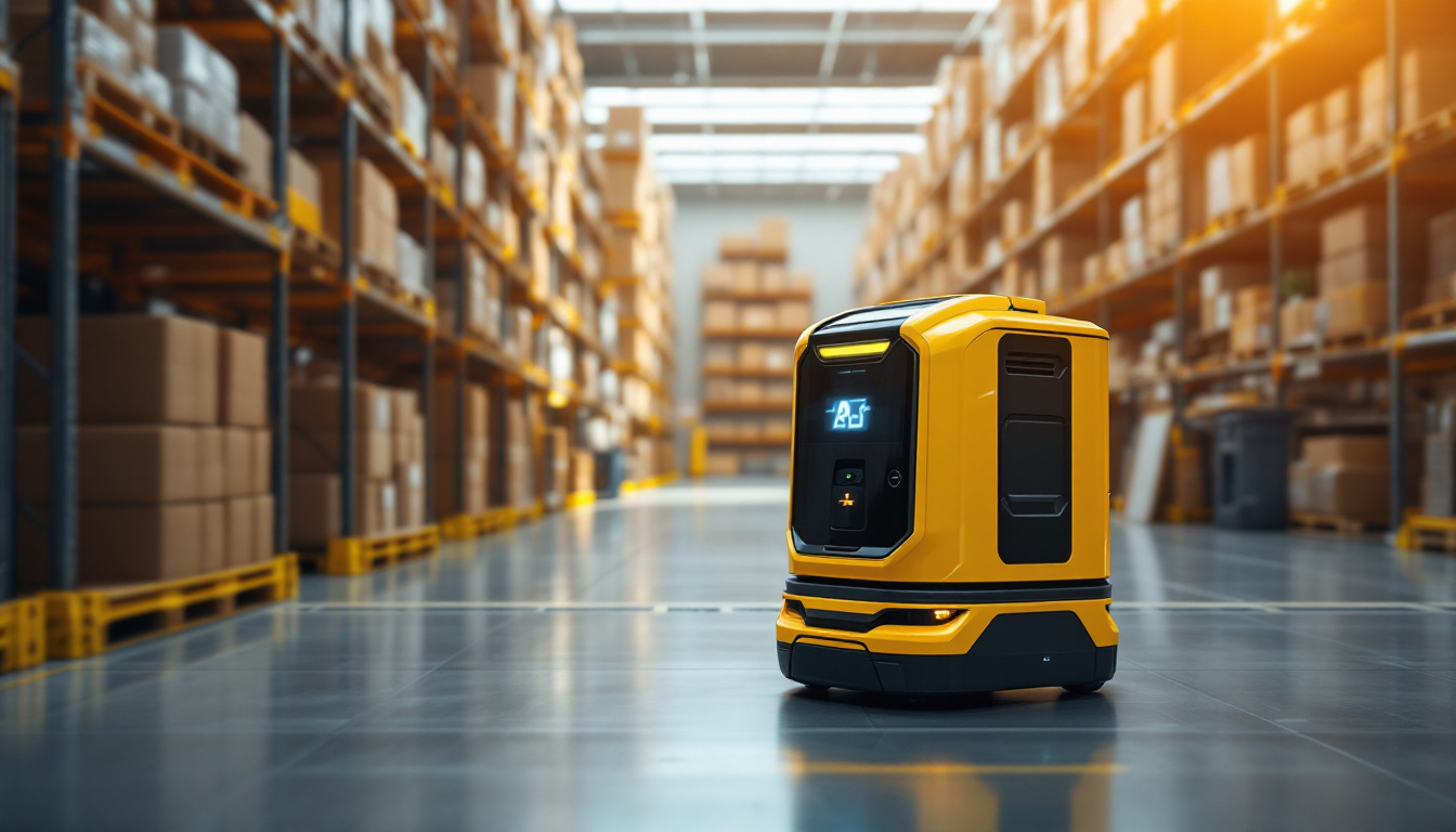 A photograph of a sleek automated guided vehicle (agv) navigating through a modern warehouse environment