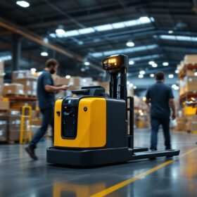 A photograph of a sleek automated pallet jack in action within a bustling warehouse environment