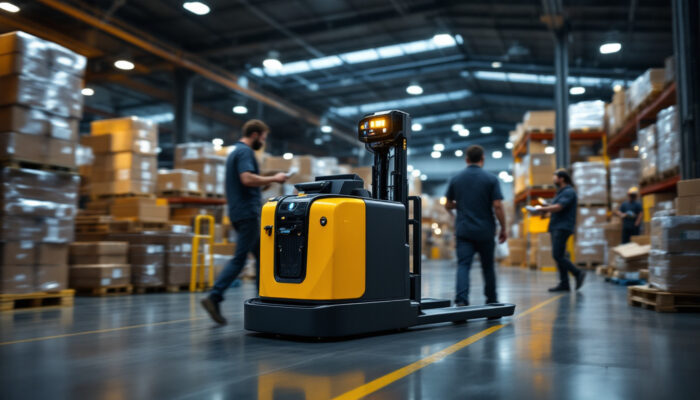 A photograph of a sleek automated pallet jack in action within a bustling warehouse environment