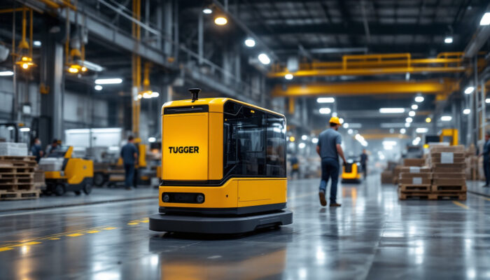 A photograph of capture a photograph of an automated tugger in action within an industrial setting