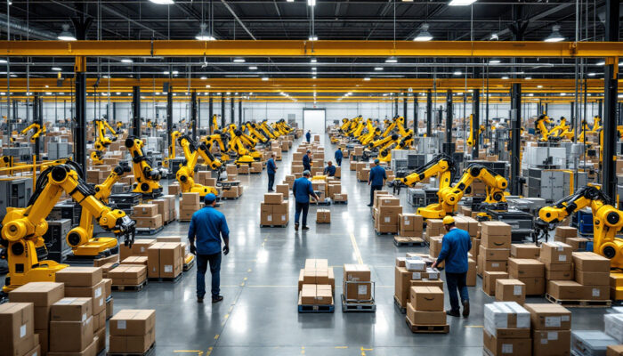 A photograph of a bustling amazon warehouse floor showcasing a variety of industrial robots in action