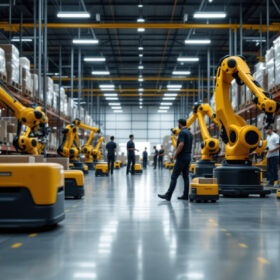 A photograph of a bustling amazon warehouse showcasing a variety of industrial robots in action