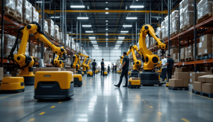 A photograph of a bustling amazon warehouse showcasing a variety of industrial robots in action
