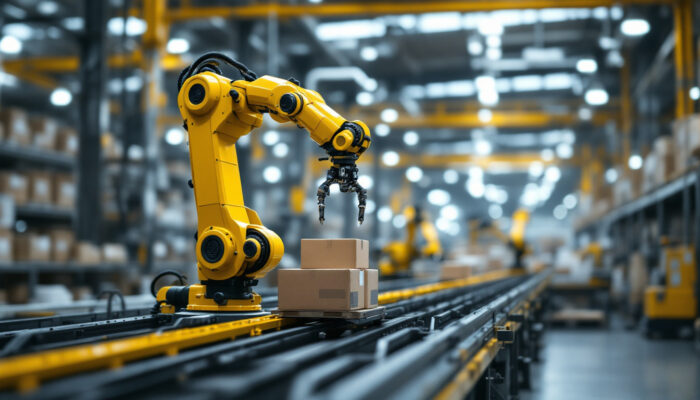 A photograph of capture a photograph of a sleek industrial robotic arm in action within a modern warehouse environment