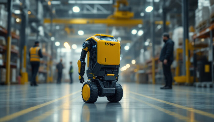 A photograph of capture a photograph of a körber autonomous mobile robot navigating through an industrial warehouse