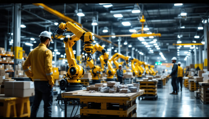 A photograph of a dynamic warehouse environment featuring various industrial robots in action