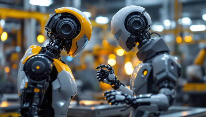 A photograph of a sleek industrial robot in action