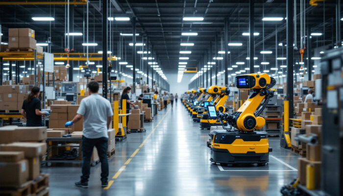 A photograph of a bustling amazon fulfillment center