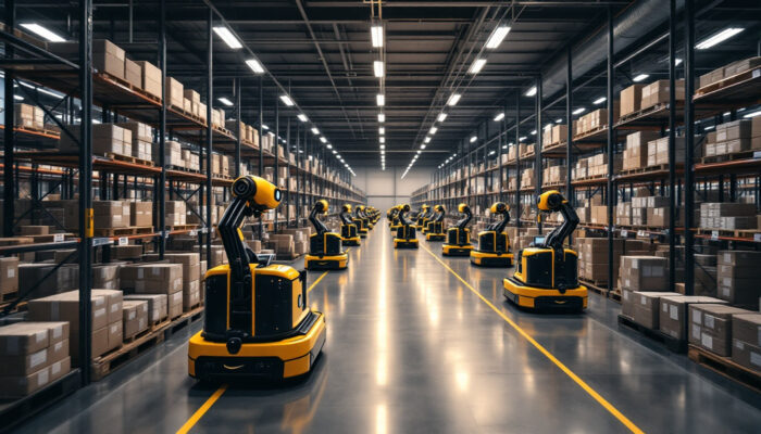 A photograph of a bustling amazon robotic warehouse