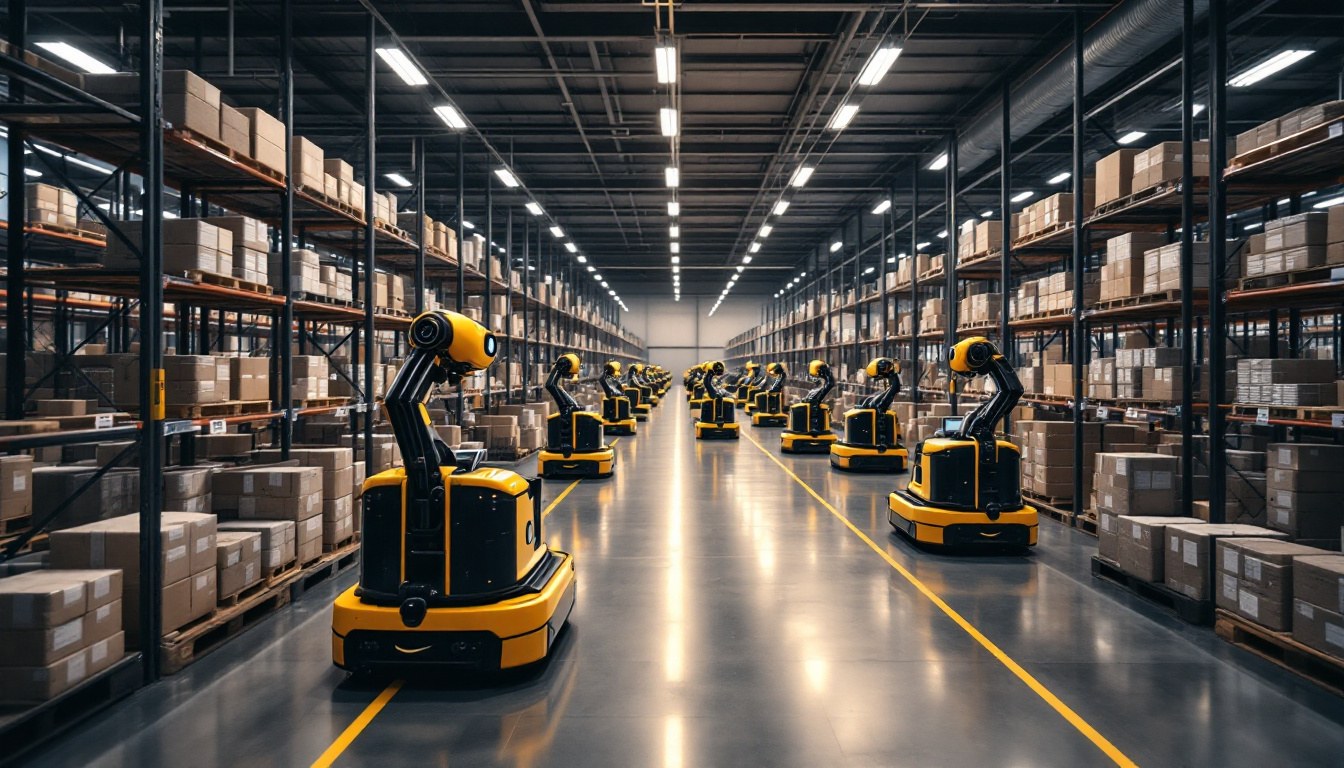 A photograph of a bustling amazon robotic warehouse