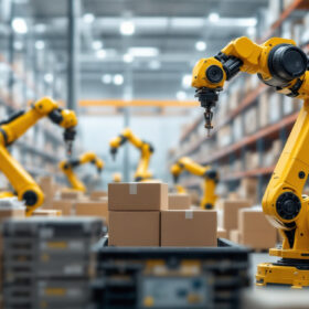 A photograph of a dynamic warehouse environment featuring industrial robots in action