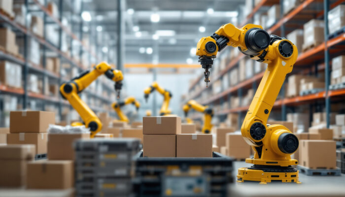 A photograph of a dynamic warehouse environment featuring industrial robots in action