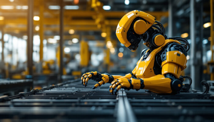 A photograph of a modern industrial robot in action within a manufacturing setting
