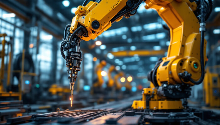 A photograph of a large industrial robotic arm in action