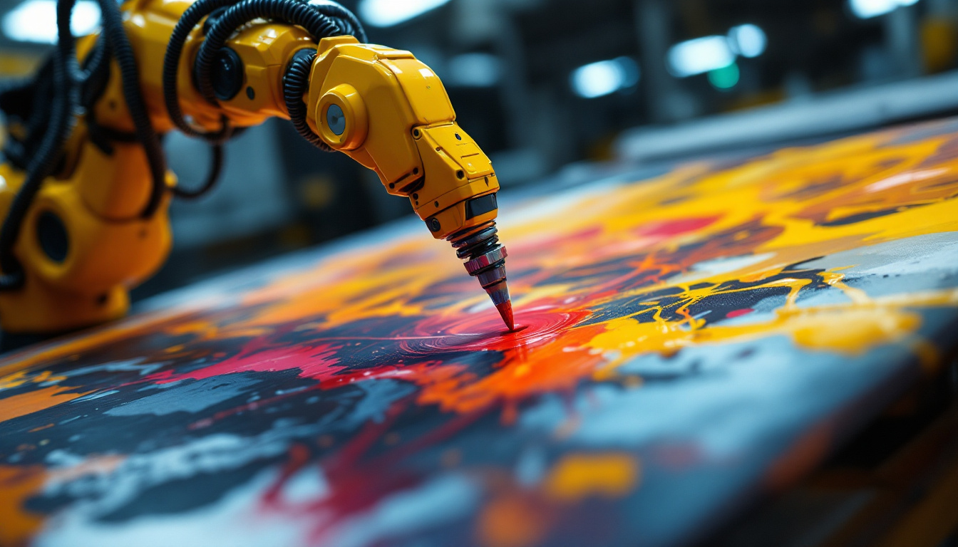 A photograph of a robotic painting arm in action