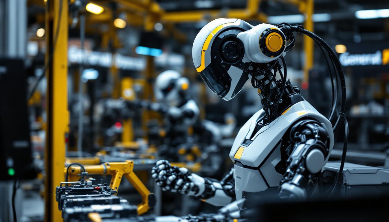 A photograph of a sleek industrial robot in action within a manufacturing environment