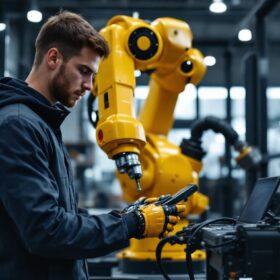 A photograph of a skilled intern operating an industrial robot in a modern warehouse setting