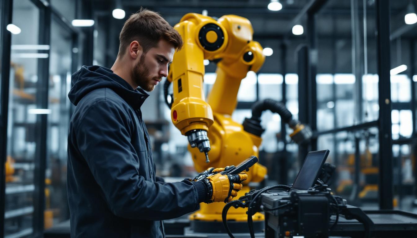 A photograph of a skilled intern operating an industrial robot in a modern warehouse setting