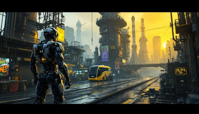 A photograph of a dynamic urban landscape featuring a high-tech industrial area