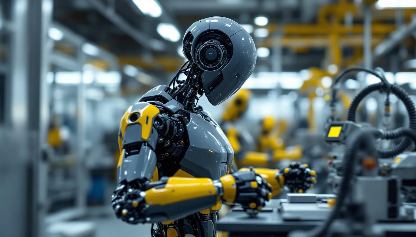 A photograph of a sleek industrial robot in action within a modern manufacturing environment