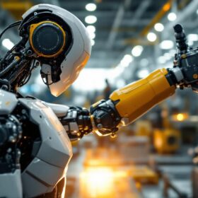 A photograph of a sleek industrial robot in action within a boston manufacturing facility