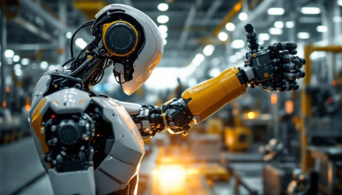 A photograph of a sleek industrial robot in action within a boston manufacturing facility