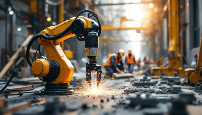 A photograph of a state-of-the-art industrial robot in action at a turner construction co site in new york