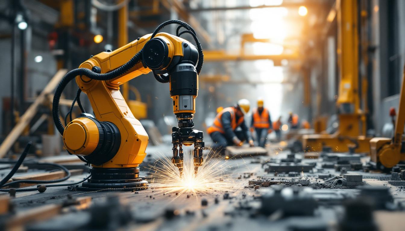 A photograph of a state-of-the-art industrial robot in action at a turner construction co site in new york