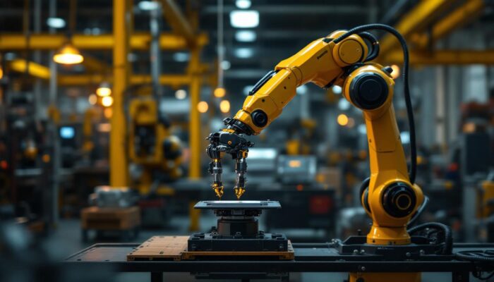 A photograph of a sleek industrial robotic arm in action