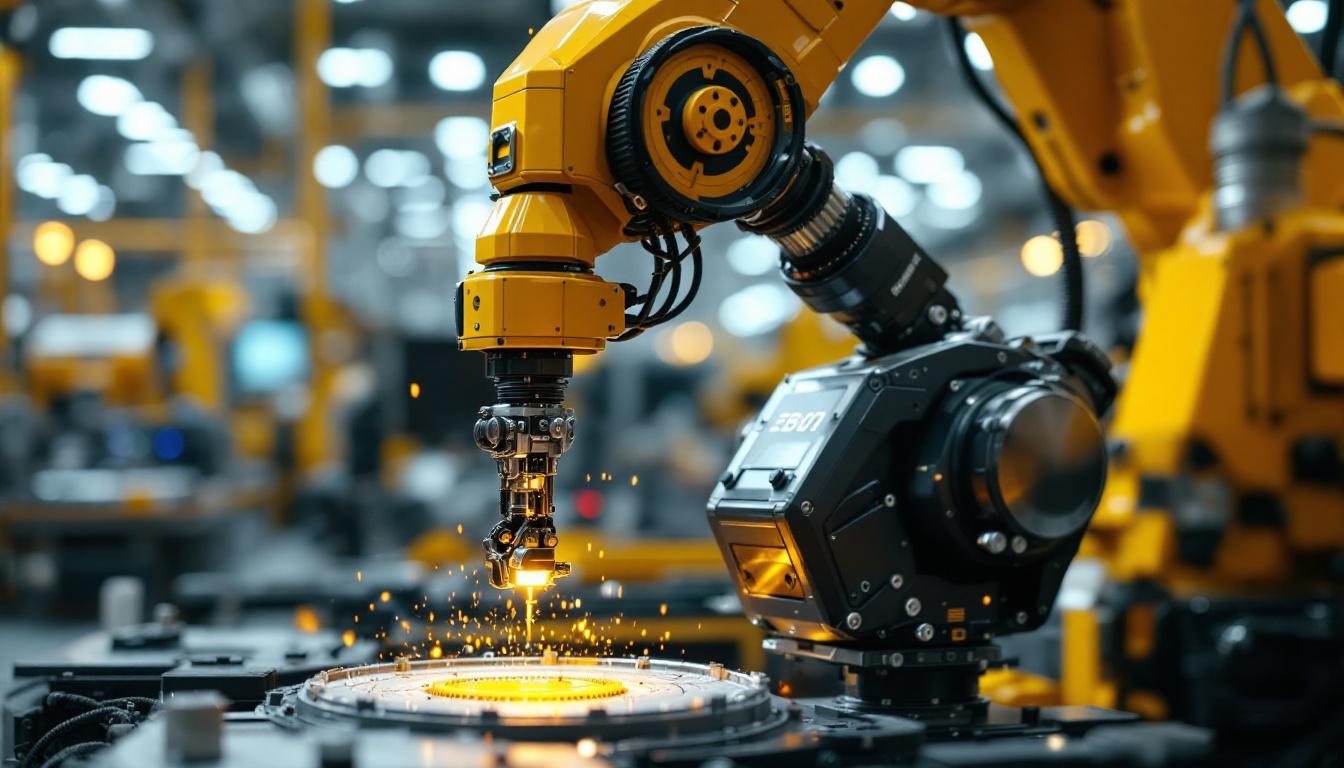 A photograph of a sleek industrial robot in action