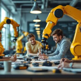 A photograph of a dynamic classroom setting where students are engaged in hands-on learning with industrial robots