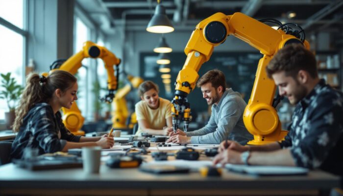 A photograph of a dynamic classroom setting where students are engaged in hands-on learning with industrial robots