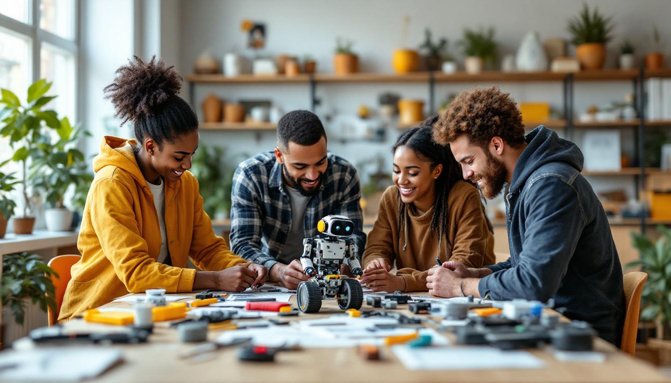 A photograph of a beginner-friendly workspace featuring a diverse group of individuals assembling a simple robot