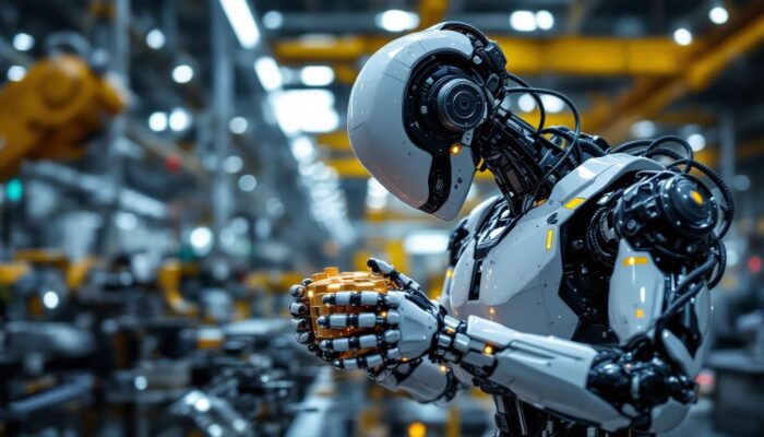 A photograph of a sleek industrial robot in action within a manufacturing environment