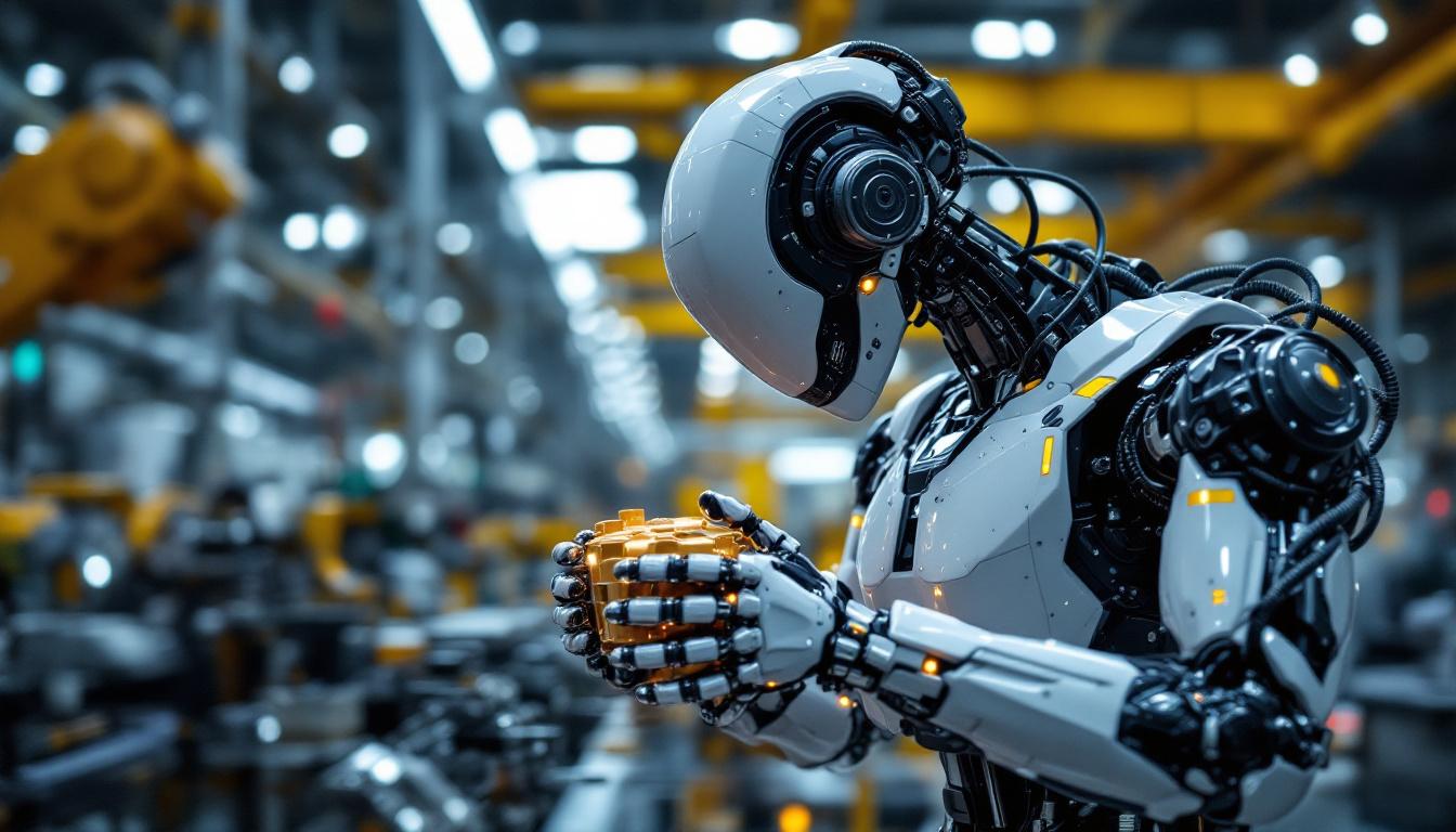 A photograph of a sleek industrial robot in action within a manufacturing environment