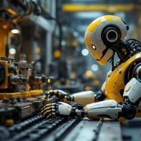 A photograph of a humanoid robot engaging in a task within an industrial setting
