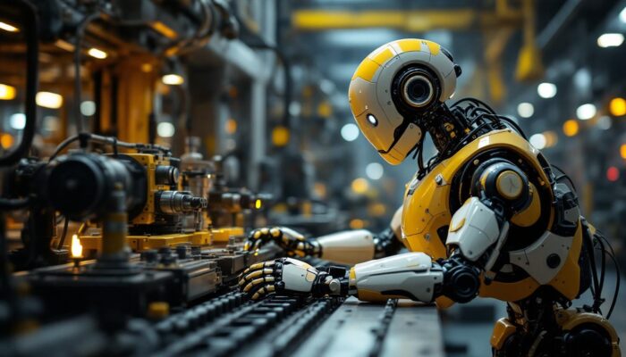 A photograph of a humanoid robot engaging in a task within an industrial setting