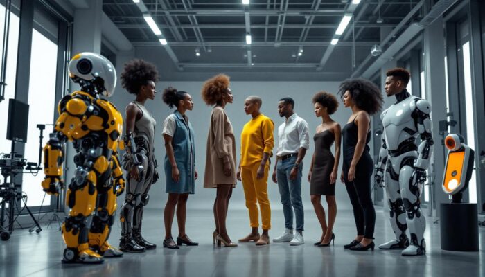 A photograph of a diverse group of models of varying heights interacting with industrial robots in a sleek