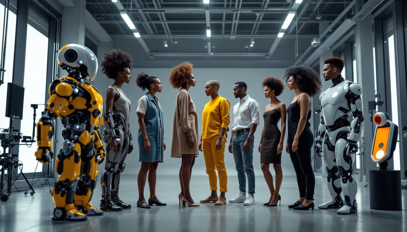 A photograph of a diverse group of models of varying heights interacting with industrial robots in a sleek