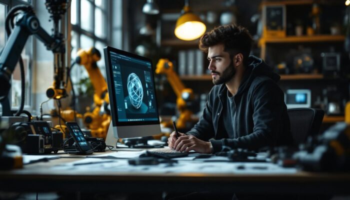 A photograph of a skilled intern engaged in 3d modeling on a computer