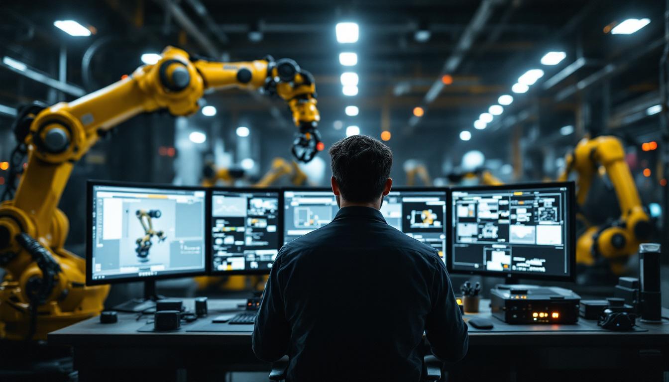 A photograph of a skilled surveillance operator monitoring multiple industrial robotic systems in a high-tech control room