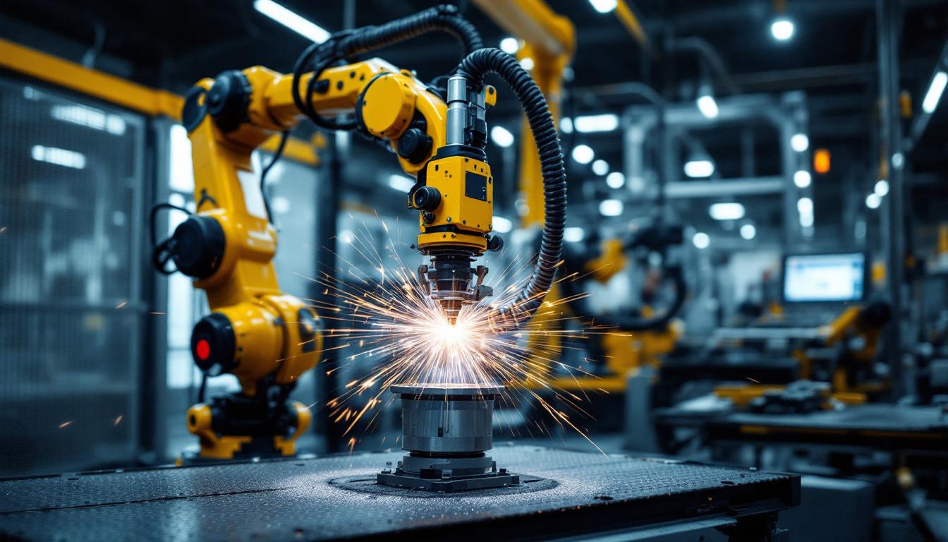 A photograph of a dynamic industrial robot in action within a manufacturing environment