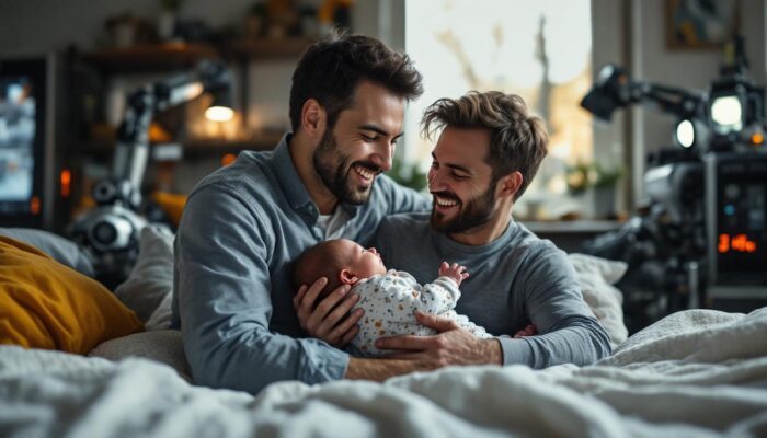 A photograph of a father joyfully spending time with his newborn at home