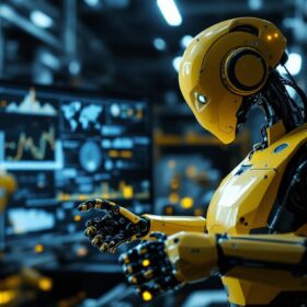 A photograph of a modern industrial robot in action